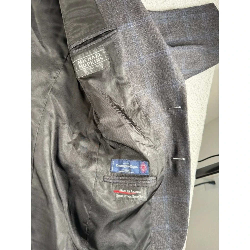 Ermenegildo Zegna Trofeo Wool Blazer Mens 44R Gray Blue Windowpane Custom